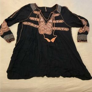 Free People long-sleeve black embroidered mini dress. Size M.